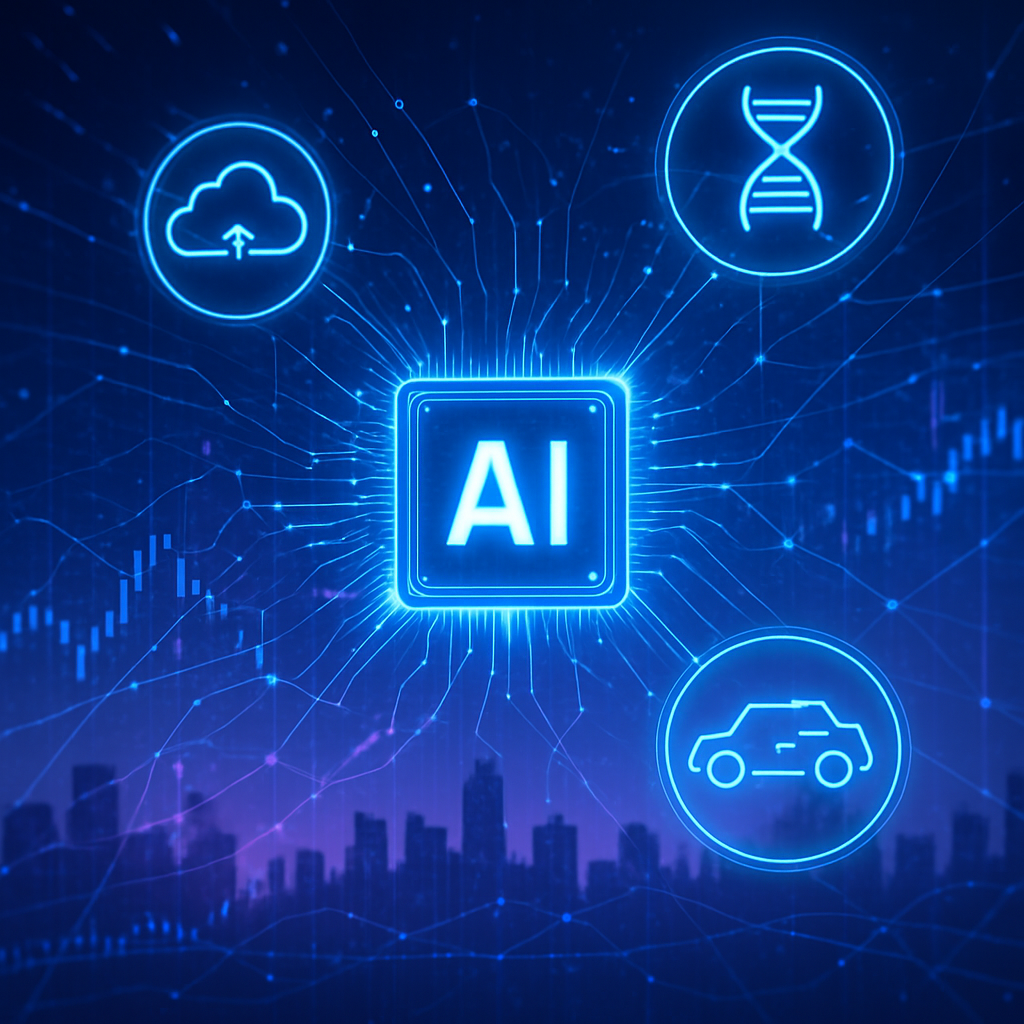 A dynamic, futuristic image showcasing a glowing generic AI chip at the center, with abstract data streams and network lines radiating outwards, connecting to other innovative tech symbols (e.g., cloud computing, electric vehicle silhouette, biotech DNA strand). Background: a subtle, modern cityscape silhouette with a digital overlay. Style: cinematic, tech-forward, vibrant blues and purples, high-tech feel, representing innovation in the stock market.