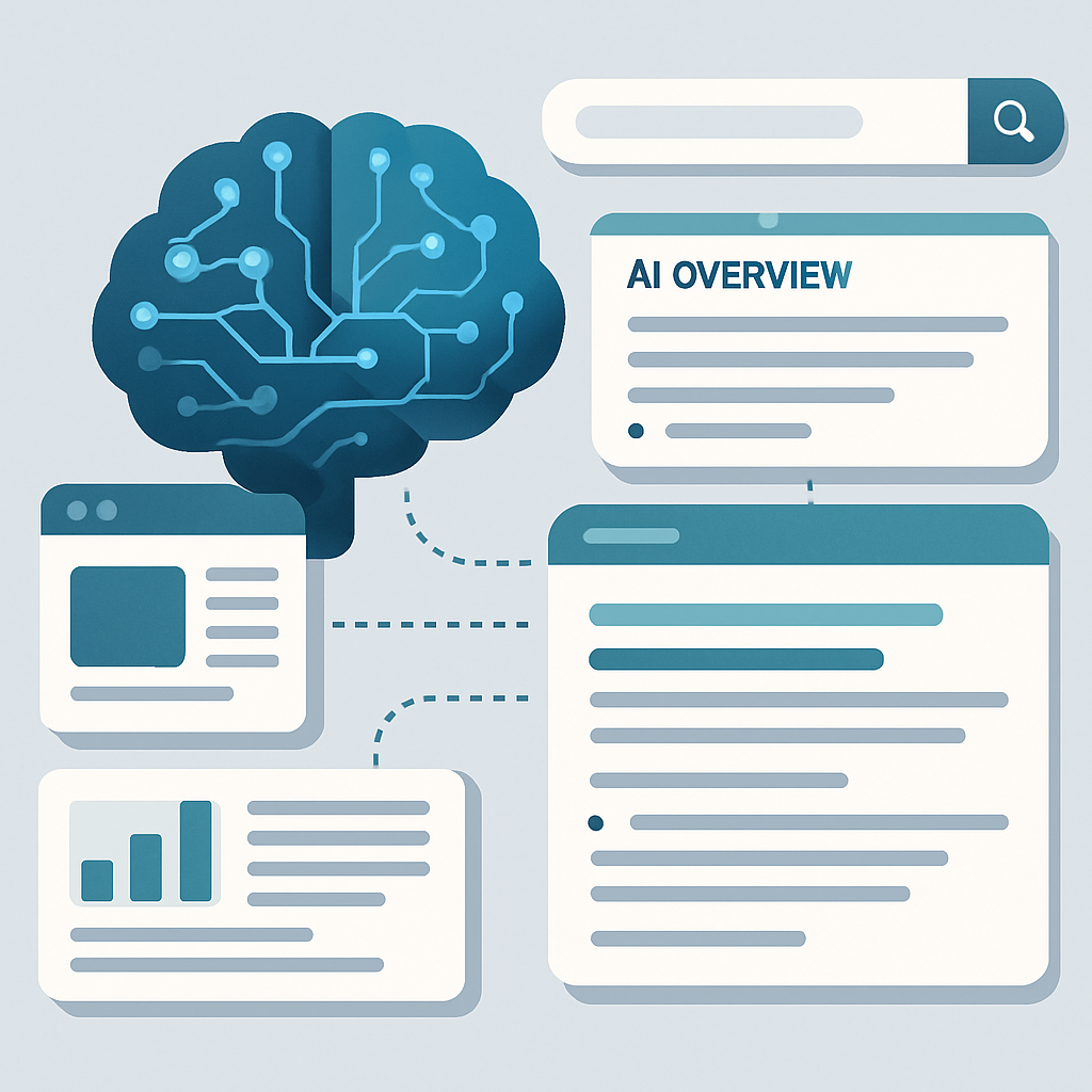 AI brain analyzing website content and creating an 'AI Overview' snippet on a search results page.