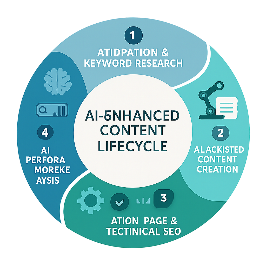 Infographic of the AI-enhanced content lifecycle: Ideation & Research, Content Creation, On-Page & Technical SEO, Performance Analysis.