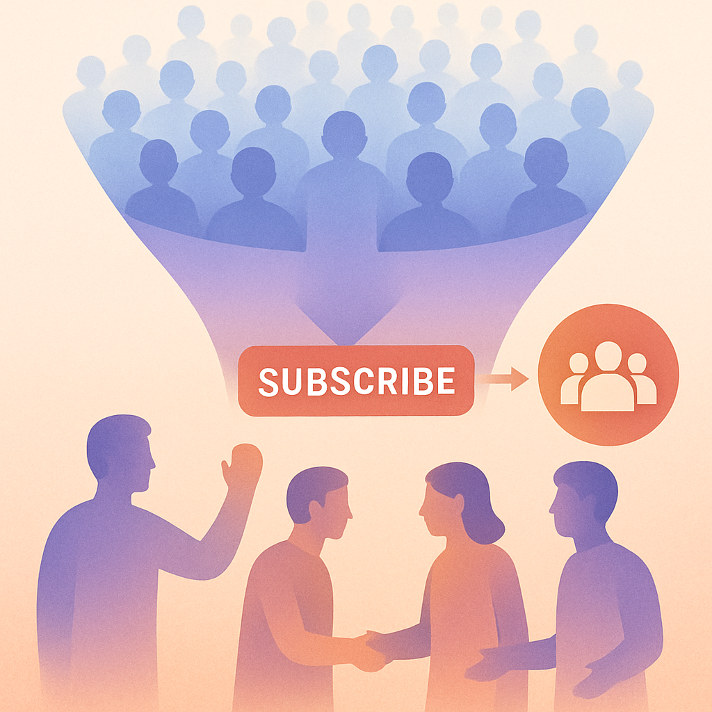 Conceptual illustration showing a funnel transforming casual viewers into loyal subscribers and active community members.