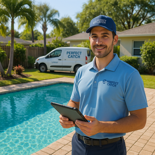 Friendly Perfect Catch technician in Largo, FL backyard with pool and service van, ready for pool equipment repair.
