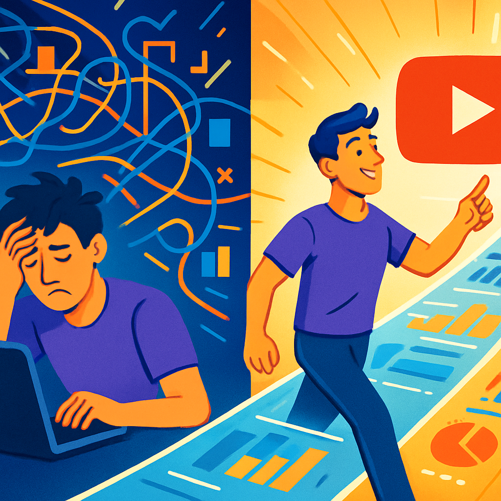 Illustration of a YouTube creator confidently navigating clear data streams towards a YouTube play button, symbolizing algorithm mastery.