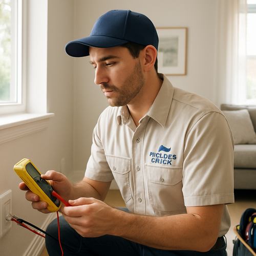 Perfect Catch electrician performing electrical diagnostics with a multimeter in a Largo, FL home living room.