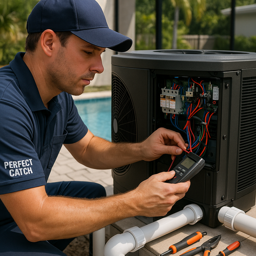 Perfect Catch technician meticulously repairing a modern pool heat pump in a Largo, FL backyard, showcasing expertise.