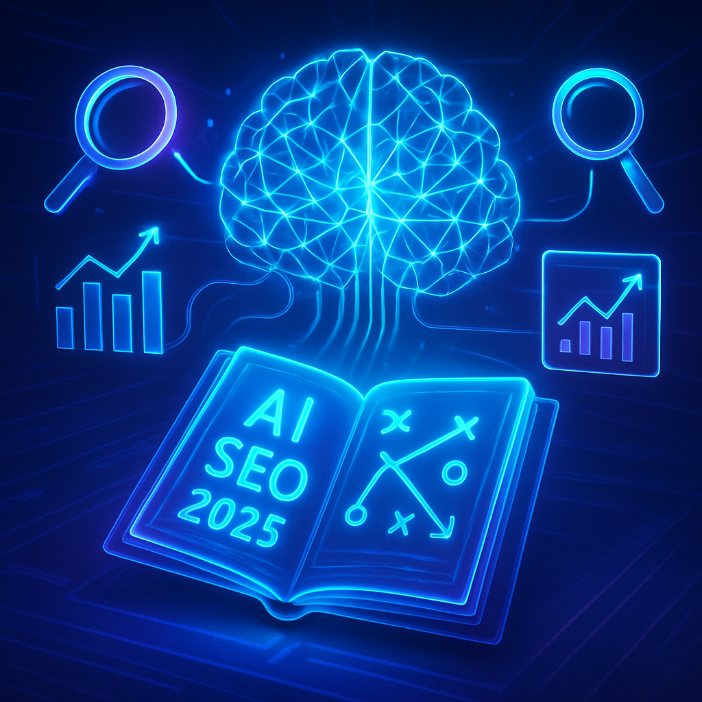 Futuristic AI neural network intertwined with SEO symbols and a holographic playbook titled 'AI SEO 2025'.