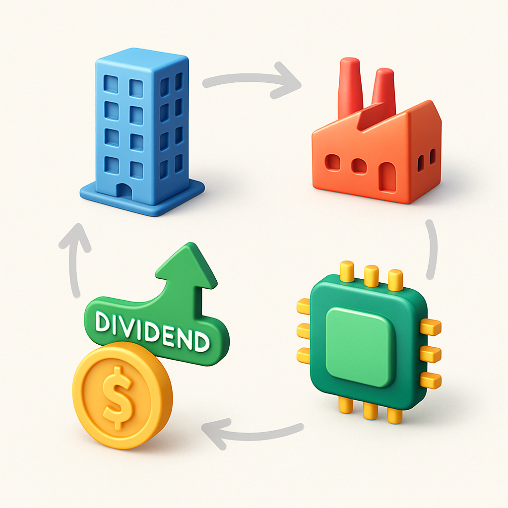 A visually balanced composition showing diverse investment icons (e.g., a building for real estate/REITs, a factory for industrials/blue-chips, a tech chip for growth stocks, a dividend symbol) arranged harmoniously in a circular or interconnected pattern, symbolizing a well-diversified portfolio. Style: clean, infographic style, 3D icons with a modern aesthetic, conveying stability and growth.
