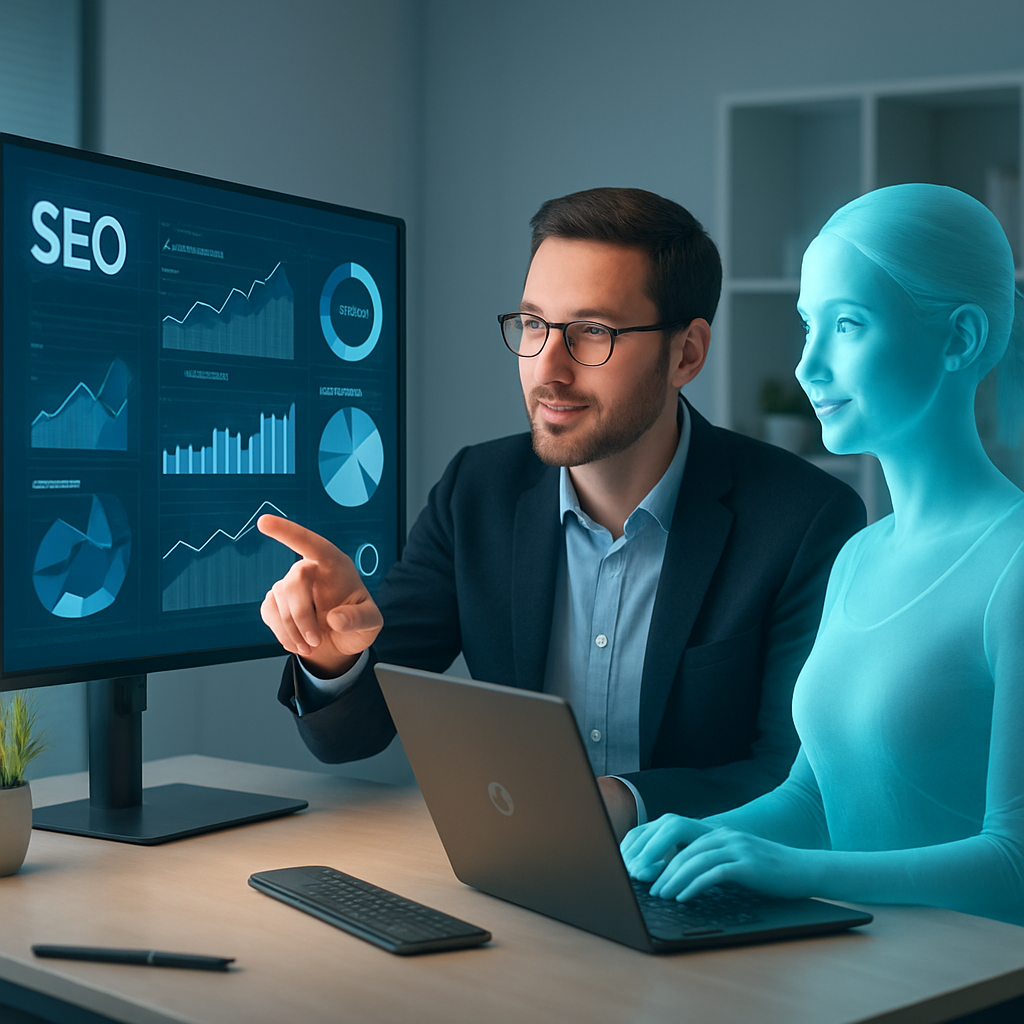SEO strategist collaborating with an AI assistant, analyzing SEO data on a screen, symbolizing human-AI partnership.