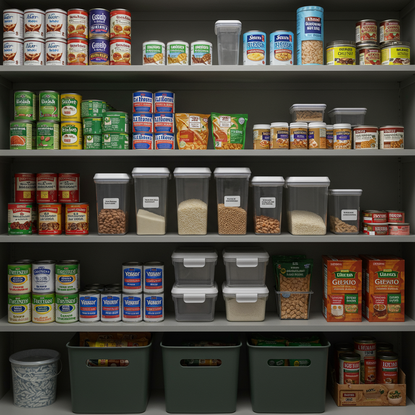 A modern and clean, realistic shot of well-organized pantry shelves dedicated to a long-term food stockpile. The shelves contain neat rows of canned goods, large airtight containers holding rice and beans, and packages of high-energy foods. The image conveys foresight and security. The color palette is composed of muted greens, blues, and grays from the labels and containers, looking professional and reassuring.