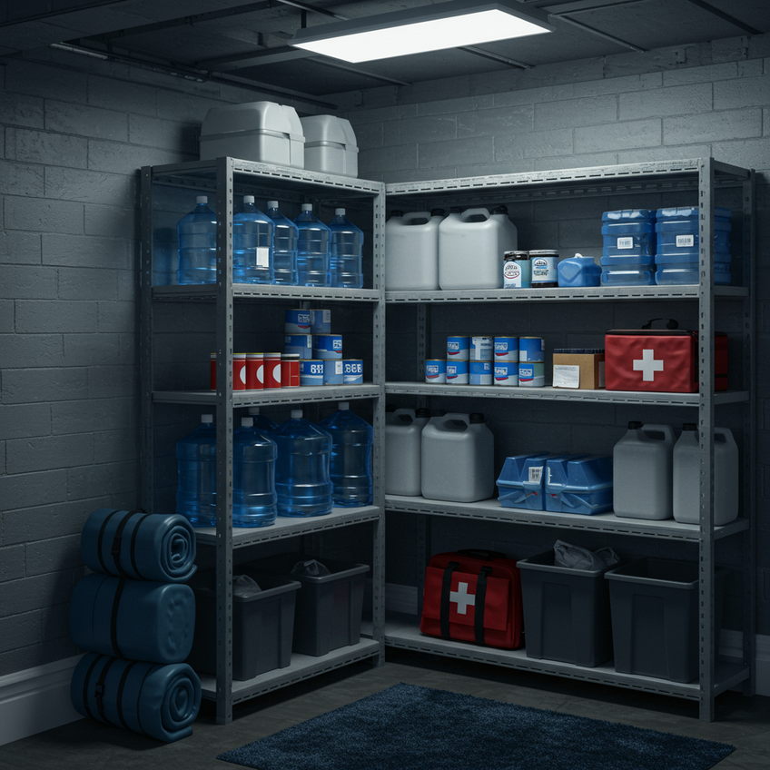 A modern and clean, realistic image of a prepared home safe room, depicted as a tidy and organized basement corner. The scene shows sturdy shelves stocked with sealed water containers, canned goods, and a large medical kit. A rolled-up sleeping bag leans against the wall. The lighting is functional and reassuring, not dramatic. The color palette uses muted grays, whites, and deep blues, creating a sense of security and preparedness.