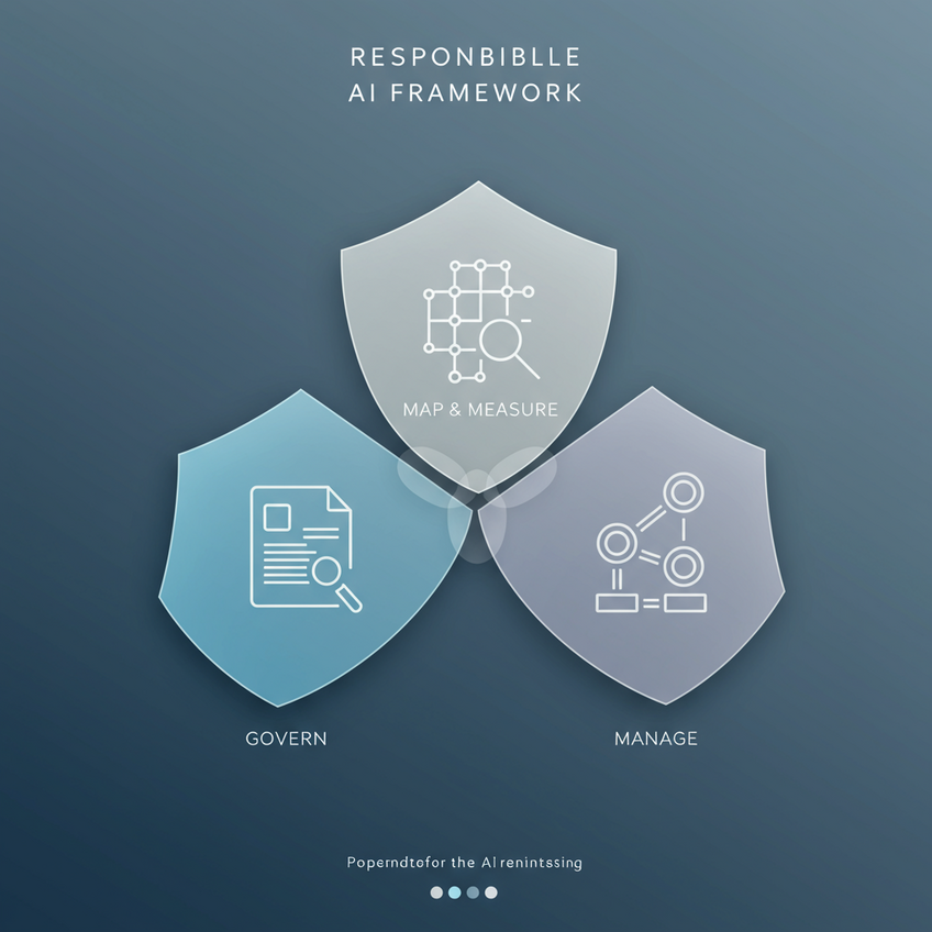 A modern and clean illustration symbolizing a responsible AI framework. The image features three interlocking, semi-transparent shields arranged in a triangular formation. The first shield contains a simple 'Govern' icon (a document). The second contains a 'Map & Measure' icon (a grid with a magnifying glass). The third contains a 'Manage' icon (a control lever). The overall feel is trustworthy and professional, using a color palette of muted blues, grays, and whites on a clean background.