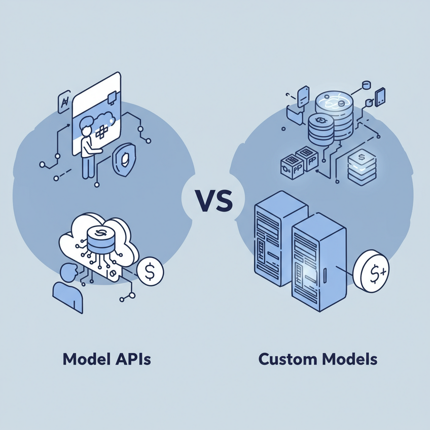 A modern and clean split-screen comparison of AI cost management strategies. The left side, labeled 'Model APIs', shows a simple icon of a person easily connecting to a cloud API with a small dollar sign. The right side, labeled 'Custom Models', shows a complex diagram of a server rack with glowing GPUs and a much larger dollar sign, indicating higher cost and complexity. The visual style is clear and realistic, using a muted color palette of professional blues, grays, and whites.