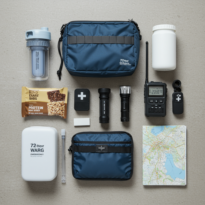 A modern and clean flat-lay of an essential 72-hour 'go-bag' for emergency preparedness. The contents are neatly arranged on a neutral gray surface. Include a portable water filter, protein bars, a hand-crank radio, an LED flashlight, a comprehensive first-aid kit, a multi-tool, and a physical map. The overall image has a professional and calm feel, with a color palette of muted blues, grays, and whites, conveying safety and readiness.