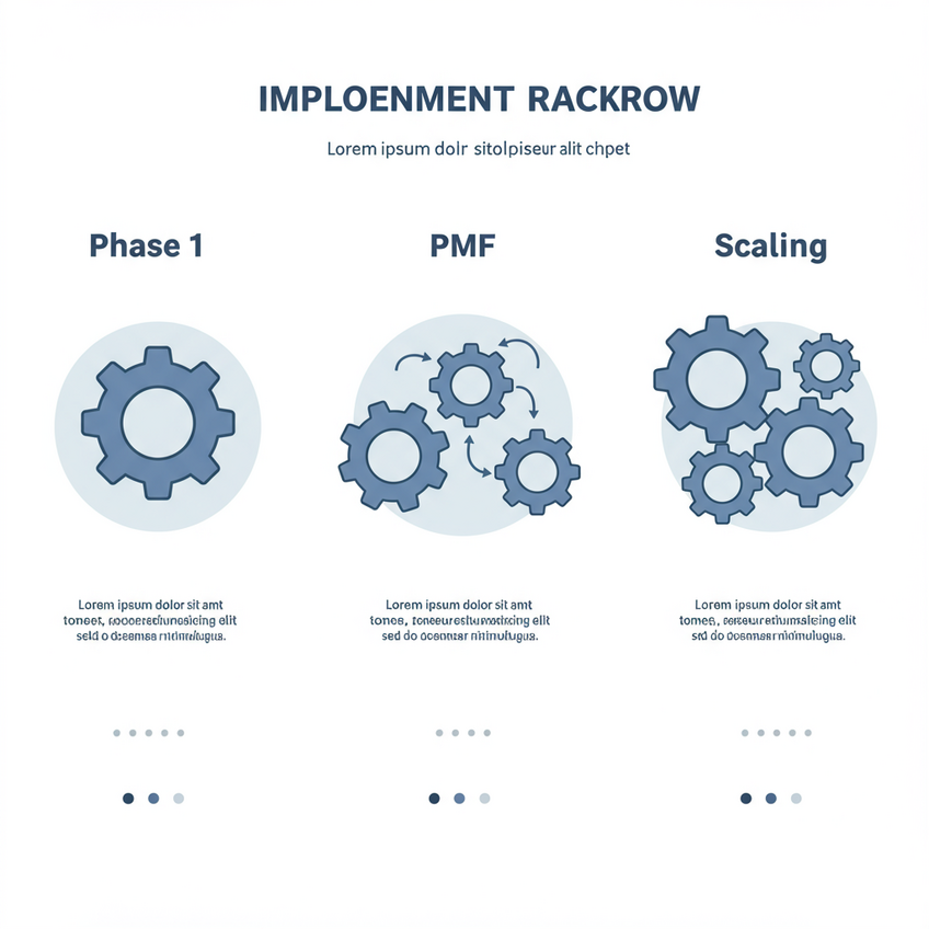 A modern and clean visual representation of a three-phase implementation roadmap. On the left, 'Phase 1: MVP' is a single, perfectly formed gear. In the center, 'Phase 2: PMF' shows the gear connecting with another, with arrows indicating user feedback loops. On the right, 'Phase 3: Scaling' shows a large, smoothly interlocking system of multiple gears. The imagery is realistic yet minimalist, set against a clean white background with muted blue and gray tones.