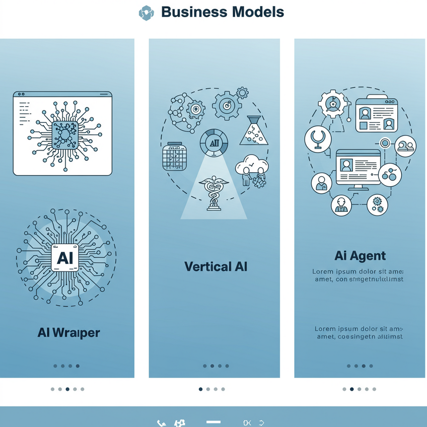 A modern and clean triptych illustration comparing three AI business models. The first panel shows 'AI Wrapper' with a sleek user interface frame placed over a complex neural network core. The second panel shows 'Vertical AI' with a focused beam of light illuminating a single industry icon like a gear or a medical symbol. The third panel shows 'AI Agent' as an abstract, autonomous shape interacting with multiple digital task icons. The style is minimalist, using a professional color palette of muted blues, grays, and whites with subtle green accents.